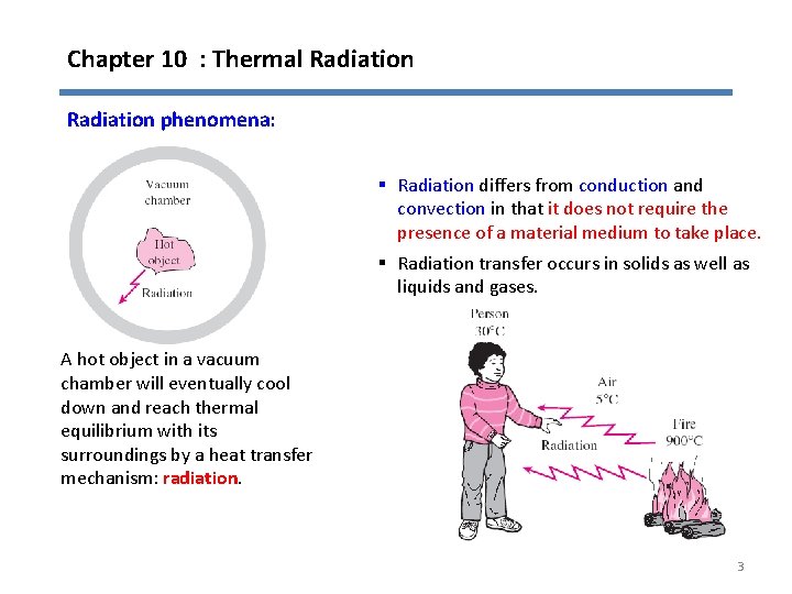 Chapter 10 : Thermal Radiation phenomena: § Radiation differs from conduction and convection in