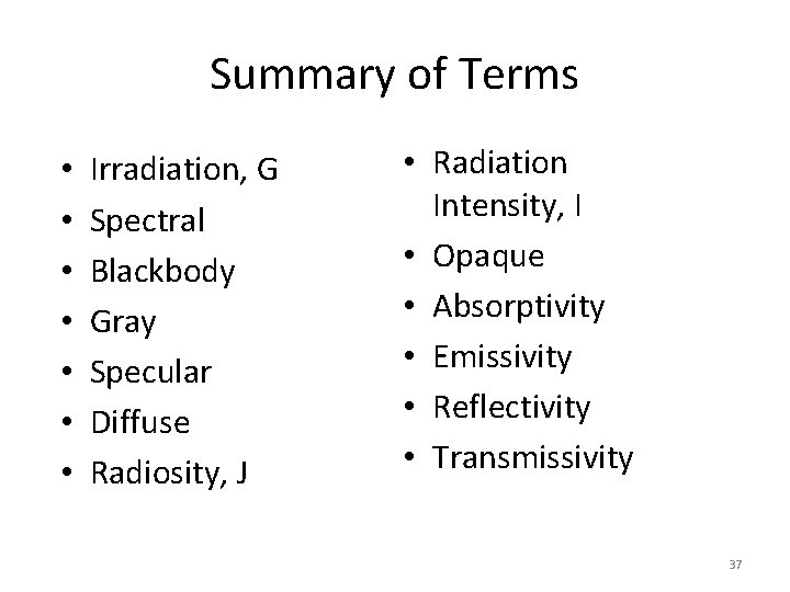 Summary of Terms • • Irradiation, G Spectral Blackbody Gray Specular Diffuse Radiosity, J