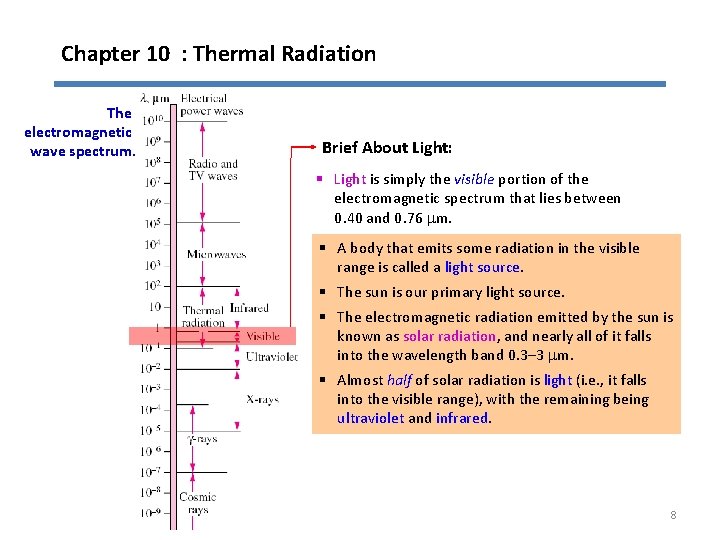 Chapter 10 : Thermal Radiation The electromagnetic wave spectrum. Brief About Light: § Light