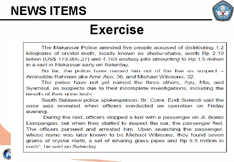 NEWS ITEMS Exercise 