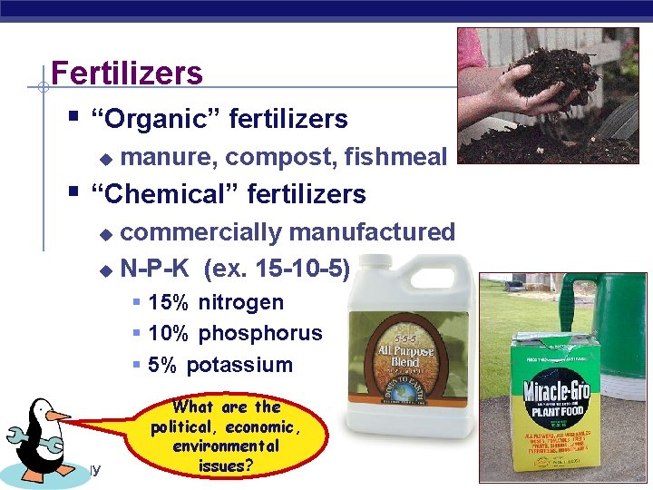 Fertilizers § “Organic” fertilizers u manure, compost, fishmeal § “Chemical” fertilizers commercially manufactured u
