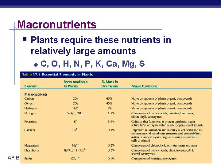 Macronutrients § Plants require these nutrients in relatively large amounts u AP Biology C,