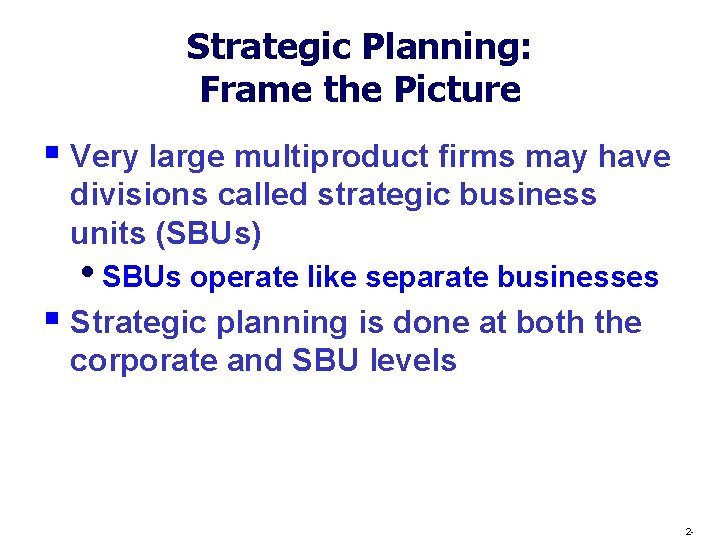 Strategic Planning: Frame the Picture § Very large multiproduct firms may have divisions called