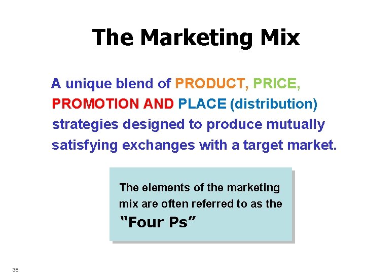 The Marketing Mix A unique blend of PRODUCT, PRICE, PROMOTION AND PLACE (distribution) strategies