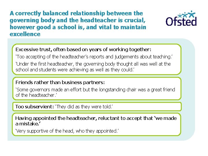 A correctly balanced relationship between the governing body and the headteacher is crucial, however