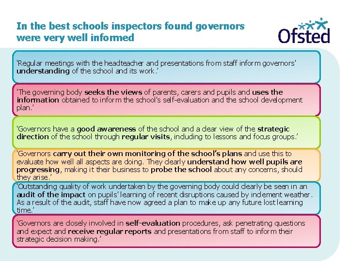 In the best schools inspectors found governors were very well informed ‘Regular meetings with