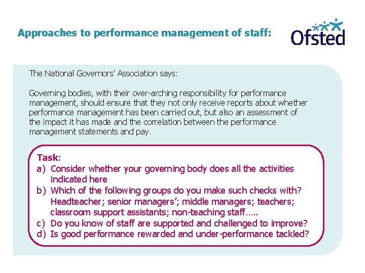 Approaches to performance management of staff: The National Governors’ Association says: Governing bodies, with