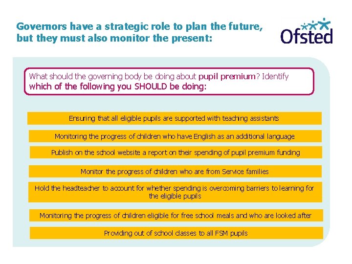 Governors have a strategic role to plan the future, but they must also monitor