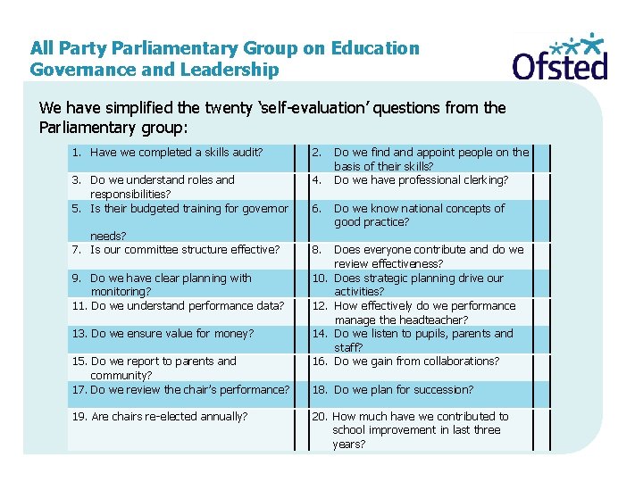All Party Parliamentary Group on Education Governance and Leadership We have simplified the twenty