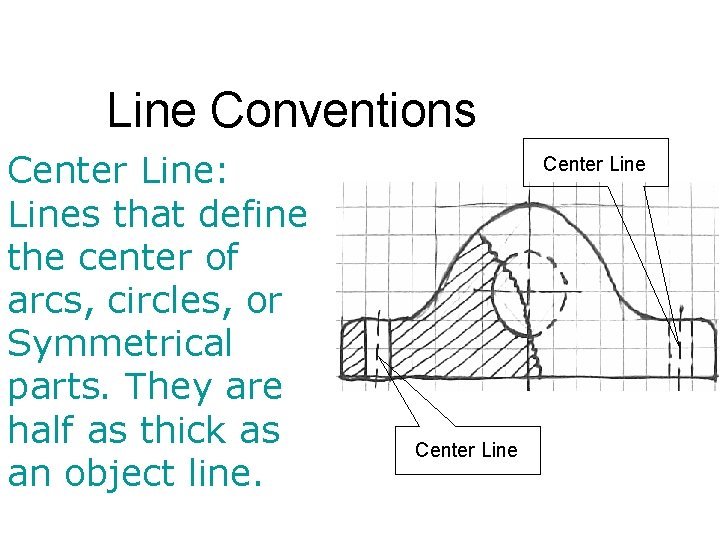 Line Conventions Center Line: Lines that define the center of arcs, circles, or Symmetrical Line Conventions Center Line: Lines that define the center of arcs, circles, or Symmetrical