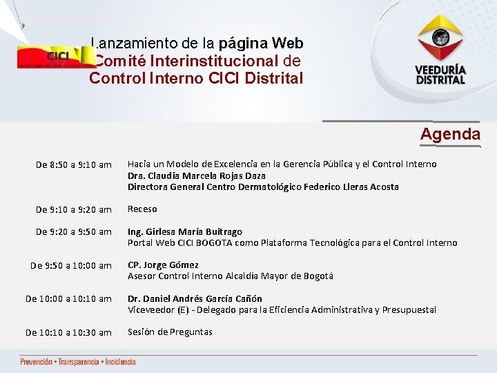 Lanzamiento de la página Web Comité Interinstitucional de Control Interno CICI Distrital Agenda De