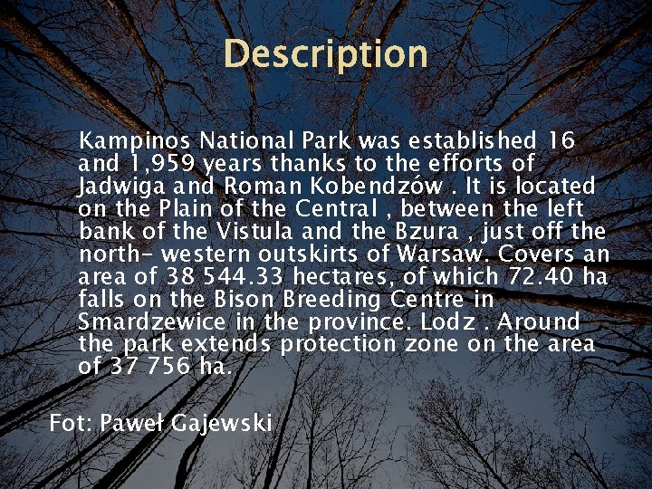 Description Kampinos National Park was established 16 and 1, 959 years thanks to the