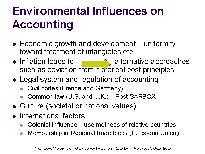 Environmental Influences on Accounting Economic growth and development – uniformity toward treatment of intangibles