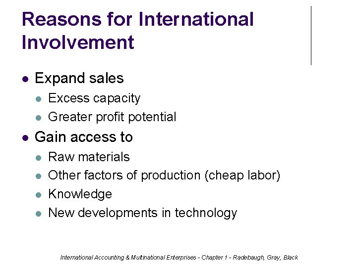 Reasons for International Involvement Expand sales Excess capacity Greater profit potential Gain access to