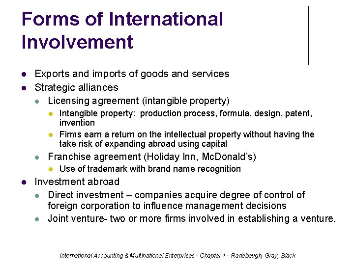 Forms of International Involvement Exports and imports of goods and services Strategic alliances Licensing