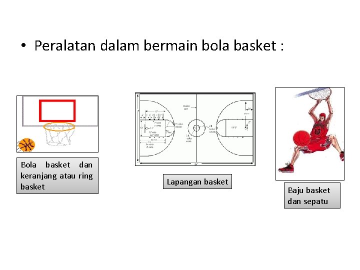  • Peralatan dalam bermain bola basket : Bola basket dan keranjang atau ring