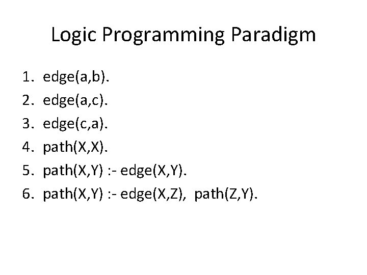 Logic Programming Paradigm 1. 2. 3. 4. 5. 6. edge(a, b). edge(a, c). edge(c,