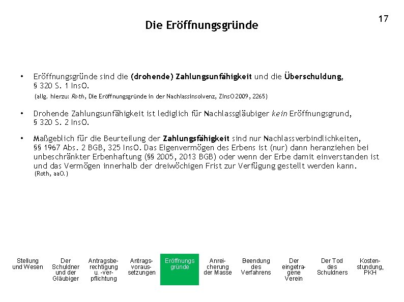 17 Die Eröffnungsgründe • Eröffnungsgründe sind die (drohende) Zahlungsunfähigkeit und die Überschuldung, § 320