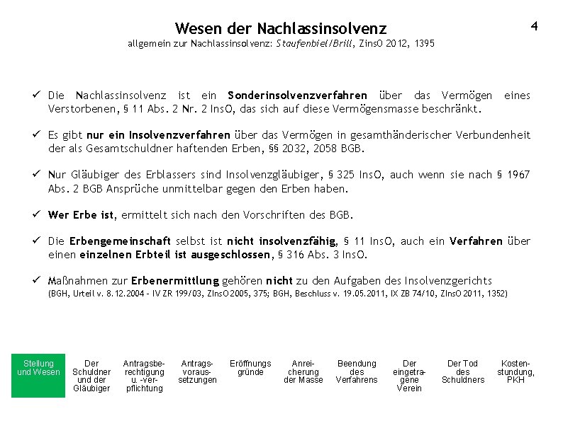 4 Wesen der Nachlassinsolvenz allgemein zur Nachlassinsolvenz: Staufenbiel/Brill, Zins. O 2012, 1395 ü Die