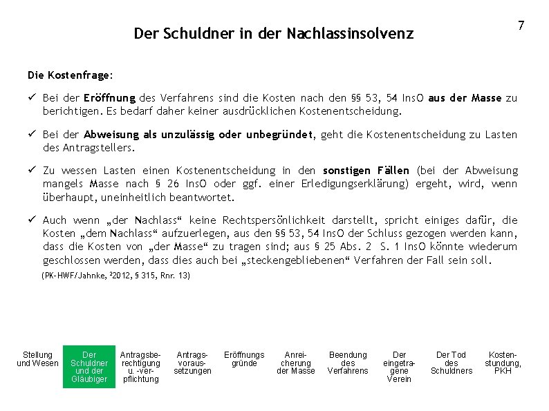 7 Der Schuldner in der Nachlassinsolvenz Die Kostenfrage: ü Bei der Eröffnung des Verfahrens