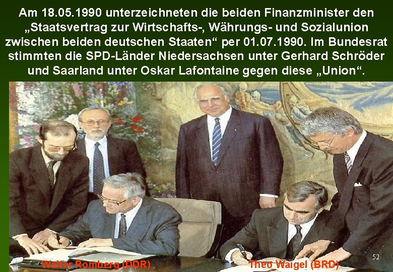Am 18. 05. 1990 unterzeichneten die beiden Finanzminister den „Staatsvertrag zur Wirtschafts-, Währungs- und