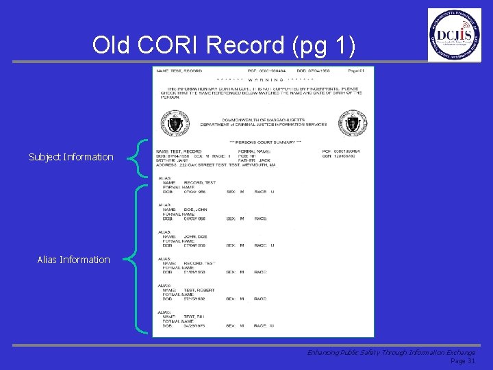 Old CORI Record (pg 1) Subject Information Alias Information Enhancing Public Safety Through Information