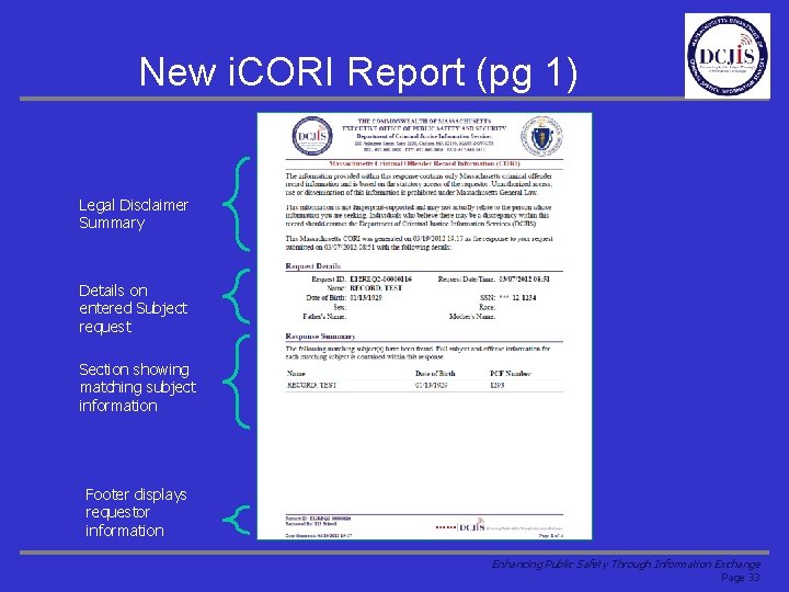 New i. CORI Report (pg 1) Legal Disclaimer Summary Details on entered Subject request