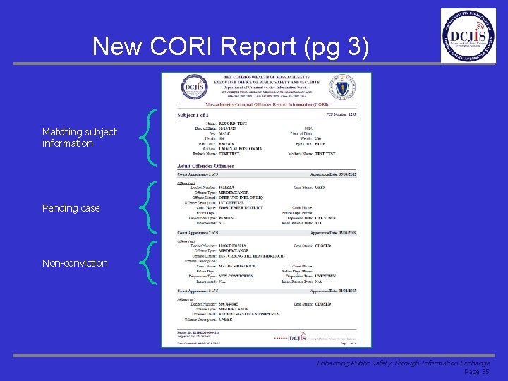 New CORI Report (pg 3) Matching subject information Pending case Non-conviction Enhancing Public Safety