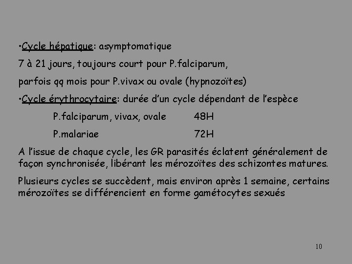  • Cycle hépatique: asymptomatique 7 à 21 jours, toujours court pour P. falciparum,