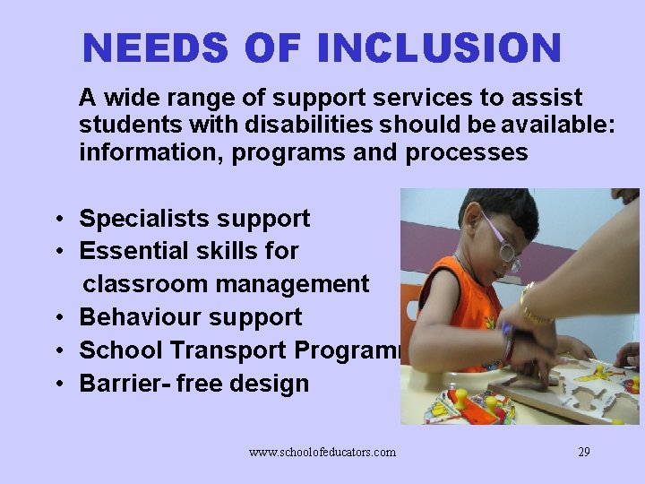 NEEDS OF INCLUSION A wide range of support services to assist students with disabilities