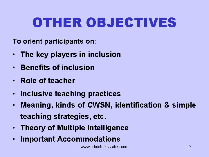 OTHER OBJECTIVES To orient participants on: • The key players in inclusion • Benefits