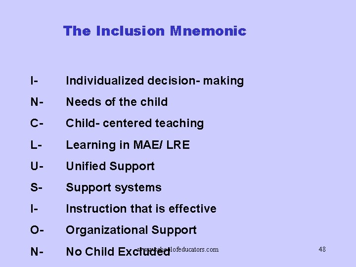 The Inclusion Mnemonic I- Individualized decision- making N- Needs of the child C- Child-