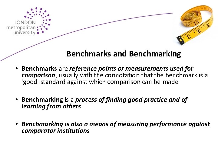 Benchmarks and Benchmarking • Benchmarks are reference points or measurements used for comparison, usually