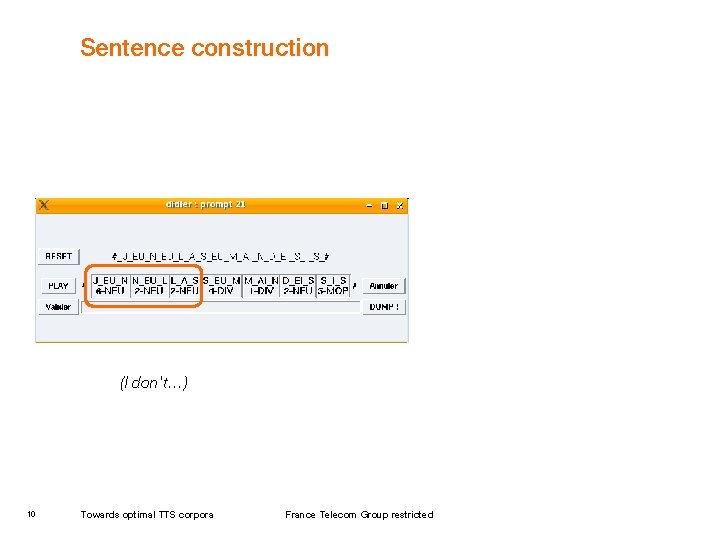 Sentence construction (I don't…) 10 Towards optimal TTS corpora France Telecom Group restricted 