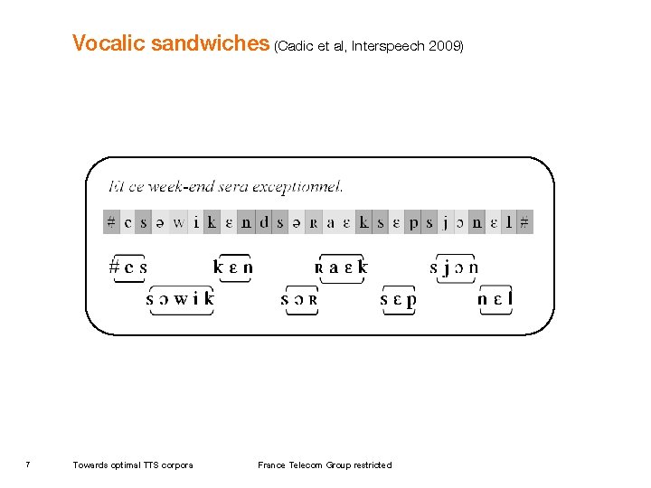 Vocalic sandwiches (Cadic et al, Interspeech 2009) 7 Towards optimal TTS corpora France Telecom