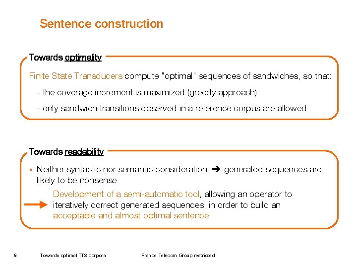 Sentence construction Towards optimality Finite State Transducers compute "optimal" sequences of sandwiches, so that: