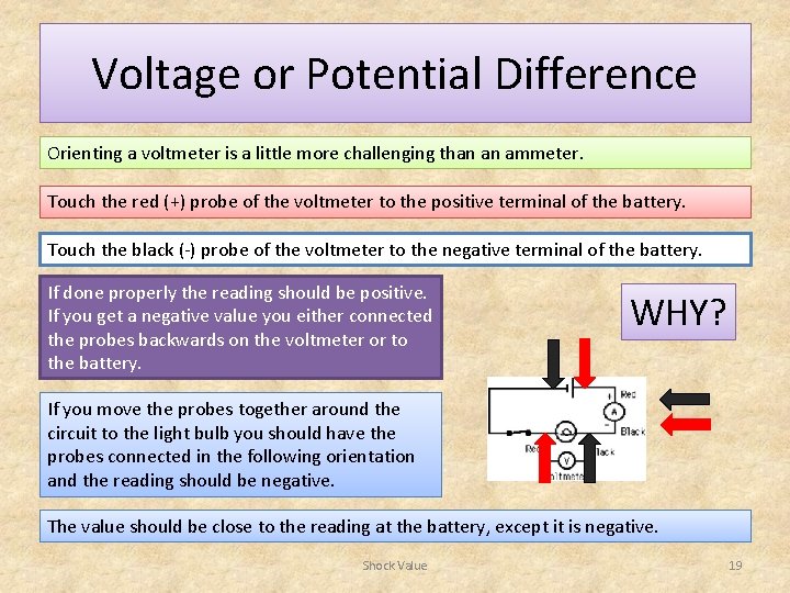 Voltage or Potential Difference Orienting a voltmeter is a little more challenging than an