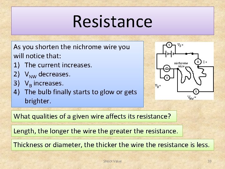 Resistance As you shorten the nichrome wire you will notice that: 1) The current