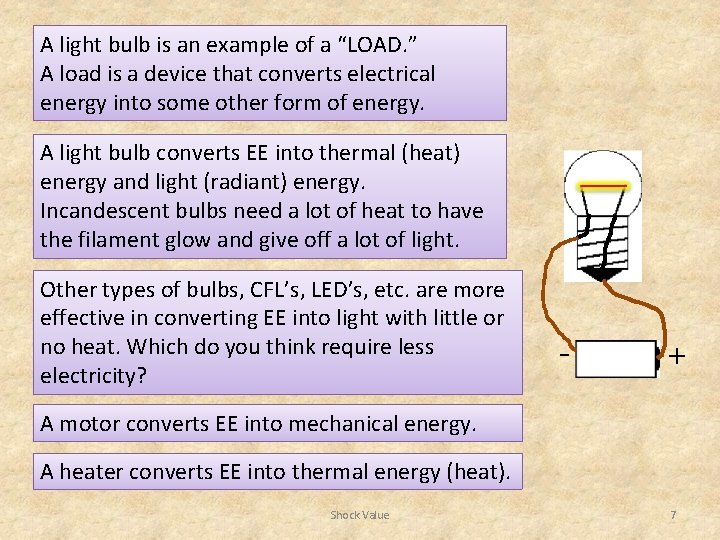 A light bulb is an example of a “LOAD. ” A load is a