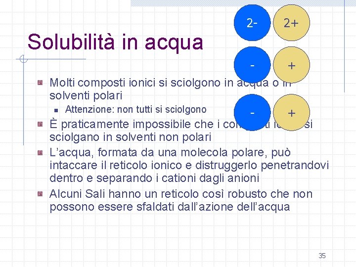 2 - 2+ Solubilità in acqua + Molti composti ionici si sciolgono in acqua
