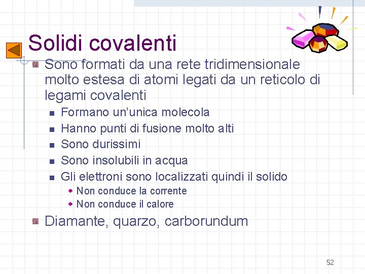 Solidi covalenti Sono formati da una rete tridimensionale molto estesa di atomi legati da