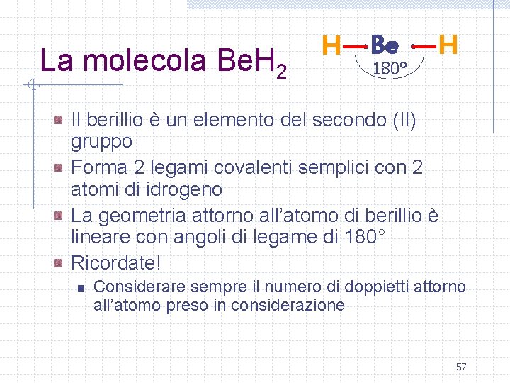 La molecola Be. H 2 H Be 180° H Il berillio è un elemento