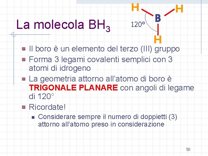 H La molecola BH 3 120° B H H Il boro è un elemento