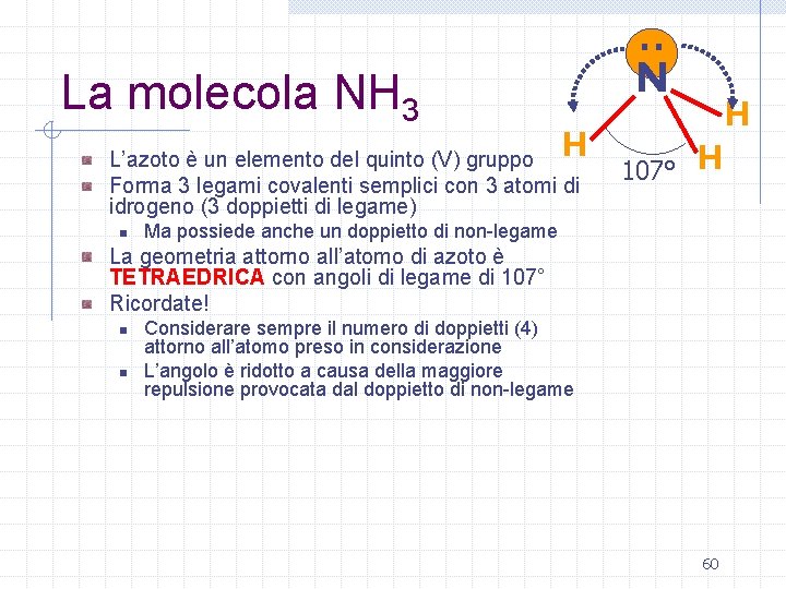 . . La molecola NH 3 N H L’azoto è un elemento del quinto