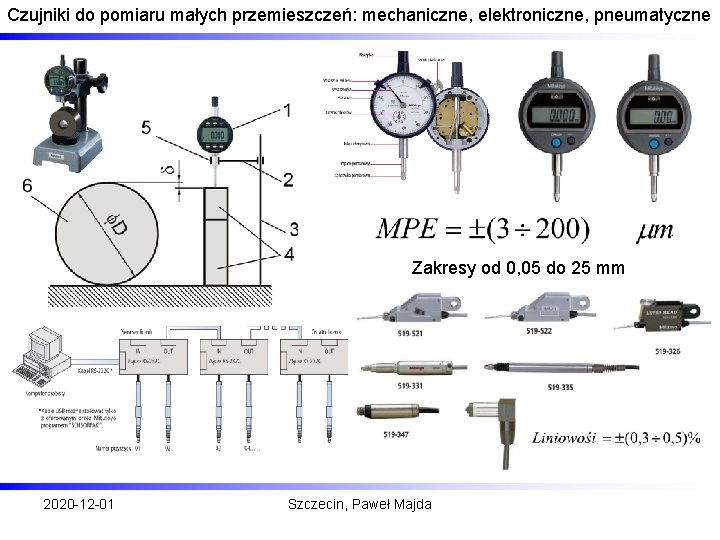 Czujniki do pomiaru małych przemieszczeń: mechaniczne, elektroniczne, pneumatyczne Zakresy od 0, 05 do 25