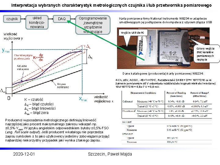 Interpretacja wybranych charakterystyk metrologicznych czujnika i/lub przetwornika pomiarowego czujnik układ kondycjonowania DAQ Oprogramowanie ,