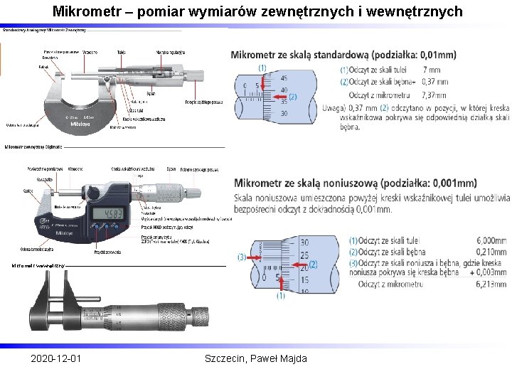 Mikrometr – pomiar wymiarów zewnętrznych i wewnętrznych Mikrometr wewnętrzny 2020 -12 -01 Szczecin, Paweł