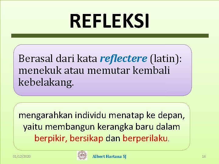 REFLEKSI Berasal dari kata reflectere (latin): menekuk atau memutar kembali kebelakang. mengarahkan individu menatap