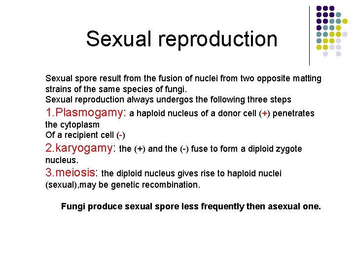 Sexual reproduction Sexual spore result from the fusion of nuclei from two opposite matting