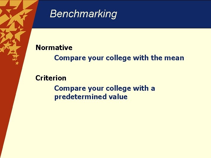 Benchmarking Normative Compare your college with the mean Criterion Compare your college with a